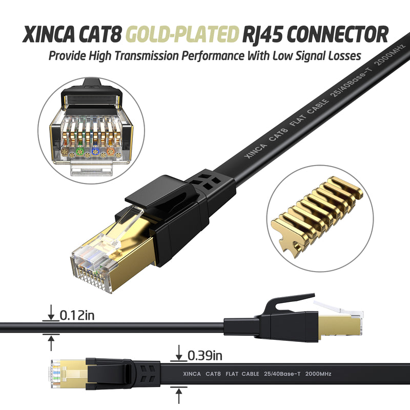 XINCA Cat8 Flat Ethernet Cable 25Ft Black With 15Pcs Clips