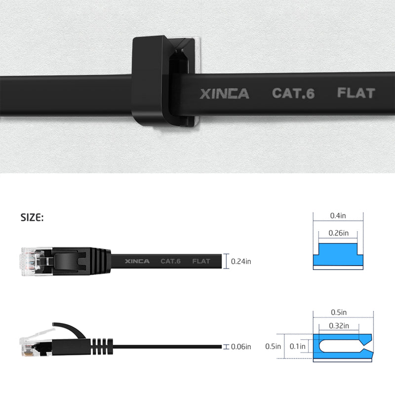 XINCA Cat6 Flat Ethernet Cable 25Ft Black With 10Pcs Clips