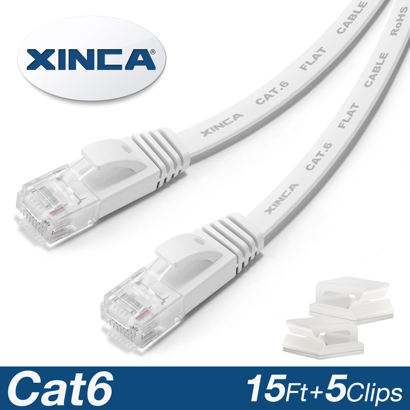 XINCA Cat6 Flat Ethernet Cable 15Ft White With 5Pcs Clips