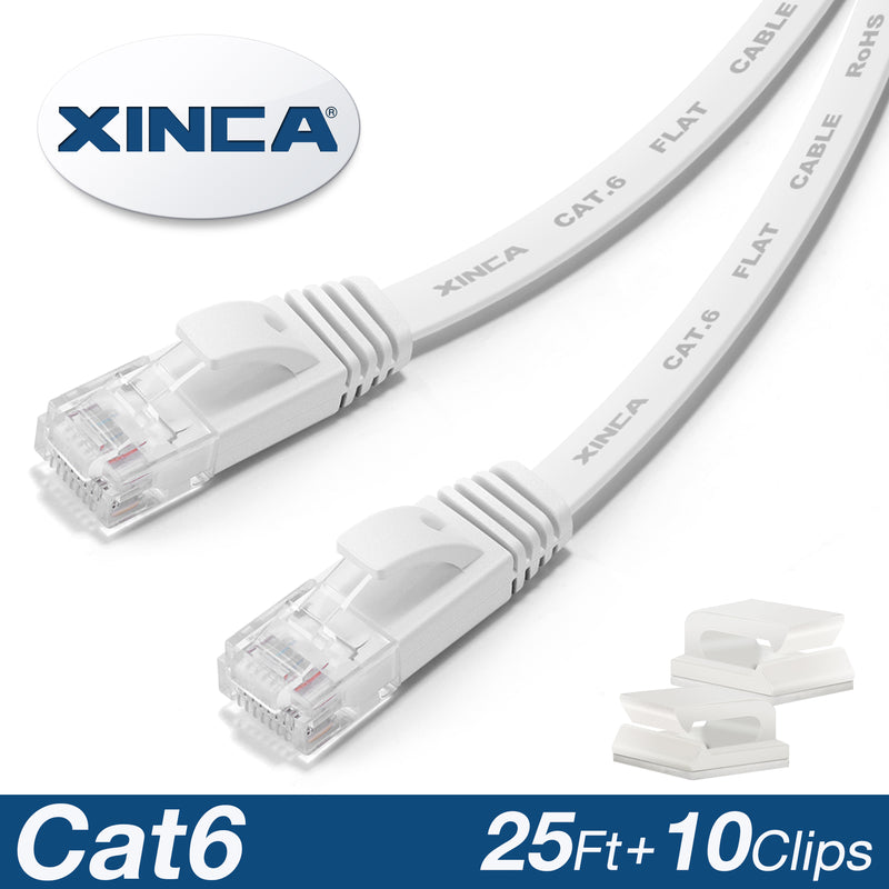 XINCA Cat6 Flat Ethernet Cable 25Ft White With 10Pcs Clips