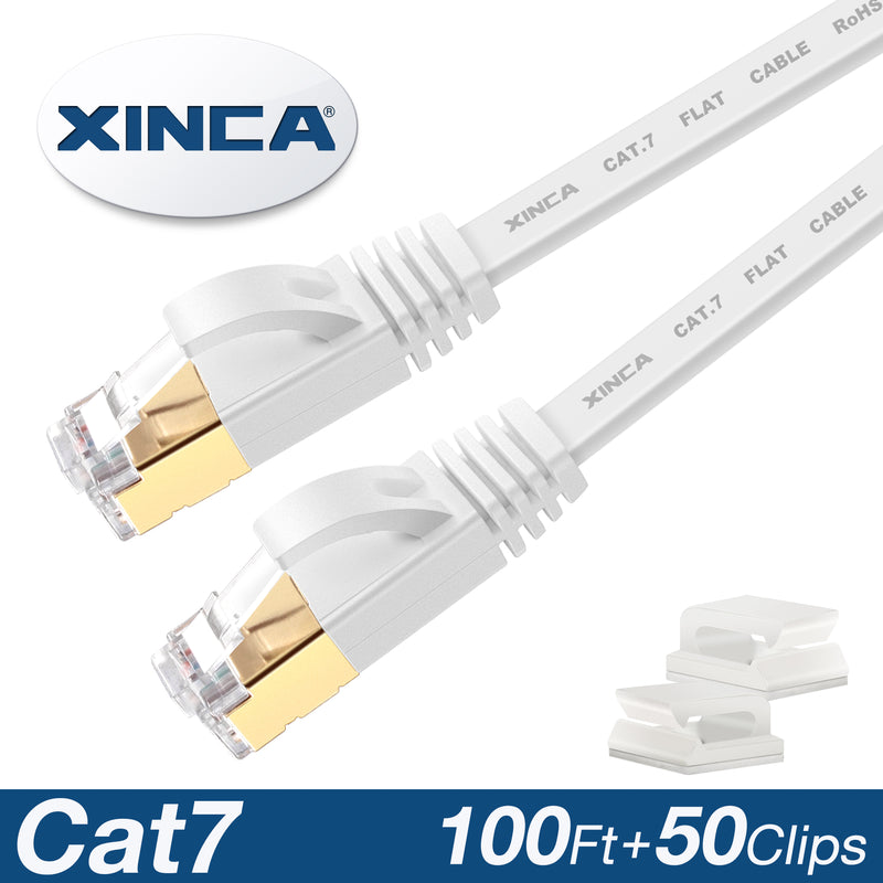 XINCA Cat7 Flat Ethernet Cable 100Ft White With 50Pcs Clips