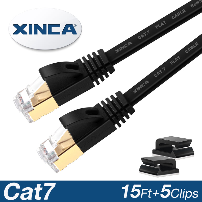XINCA Cat7 Flat Ethernet Cable 15Ft Black With 5Pcs Clips