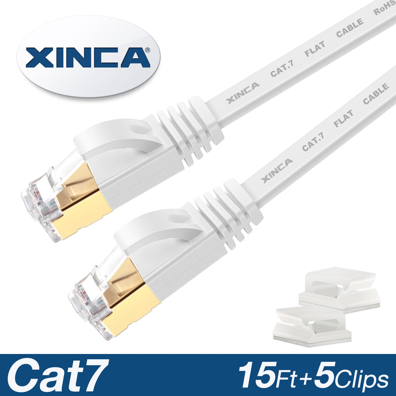 XINCA Cat7 Flat Ethernet Cable 15Ft White With 5Pcs Clips