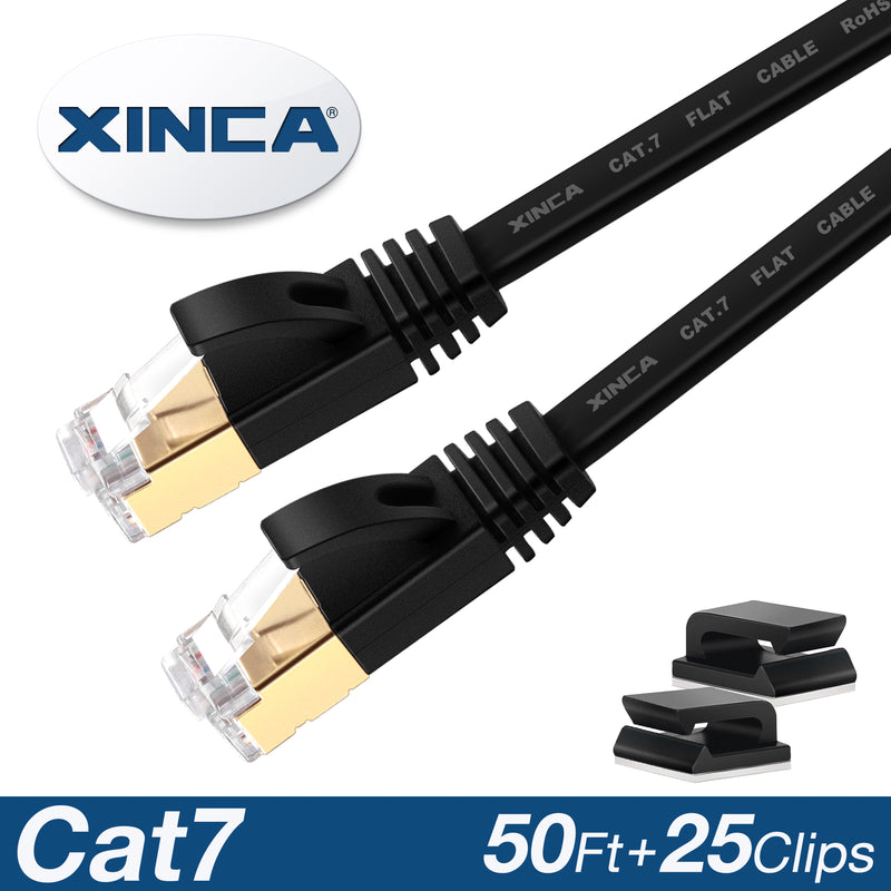 XINCA Cat7 Flat Ethernet Cable 50Ft Black With 25Pcs Clips