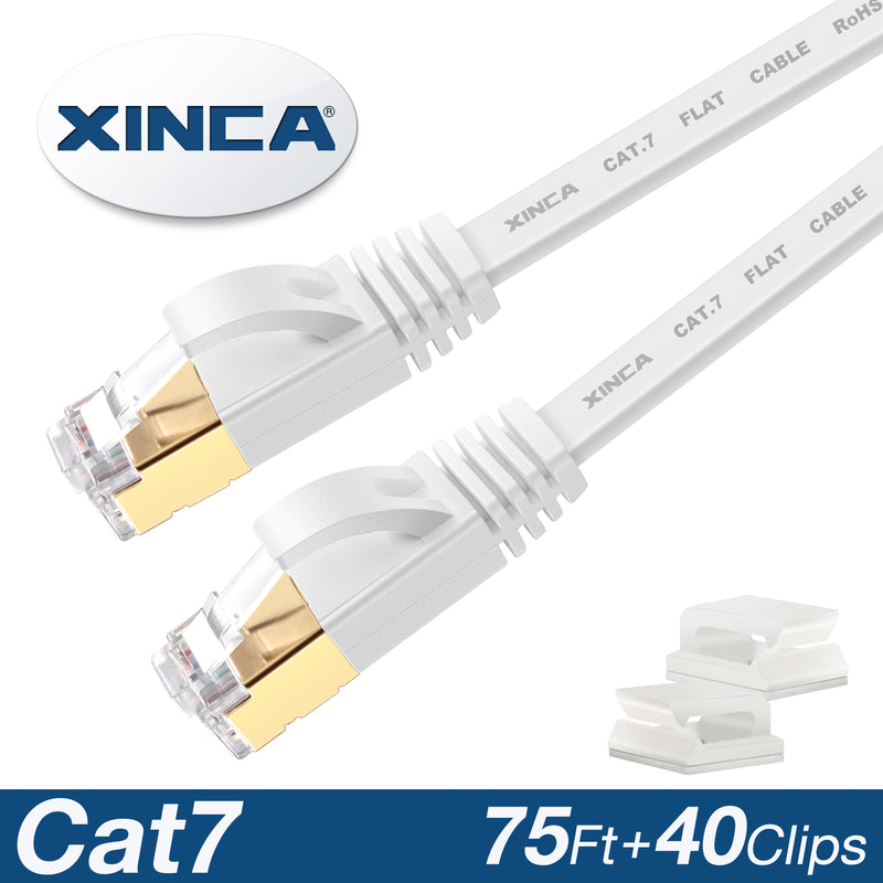 XINCA Cat7 Flat Ethernet Cable 75Ft White With 40Pcs Clips