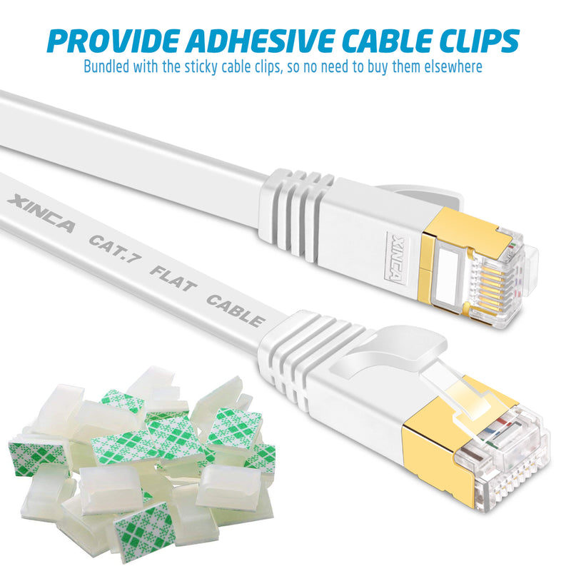 XINCA Cat7 Flat Ethernet Cable 50Ft White With 25Pcs Clips