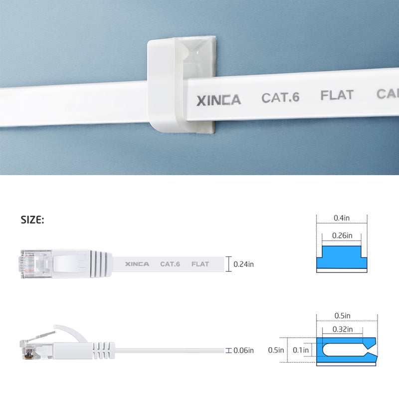 XINCA Cat6 Flat Ethernet Cable 25Ft White With 10Pcs Clips