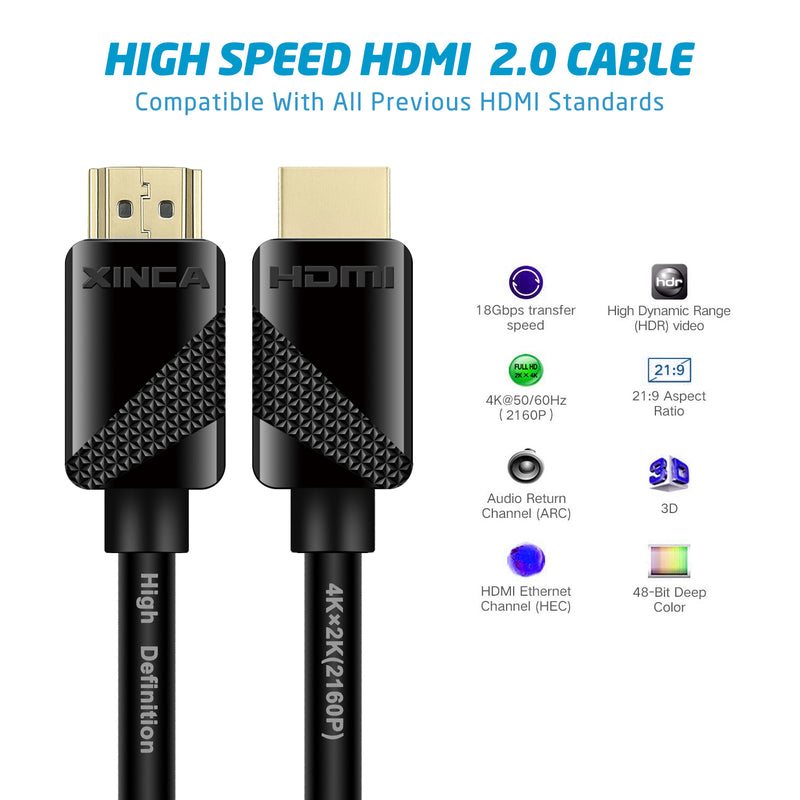 XINCA HDMI Cable 2.0 10Ft 4K@60Hz 18Gbps 4:4:4 28AWG