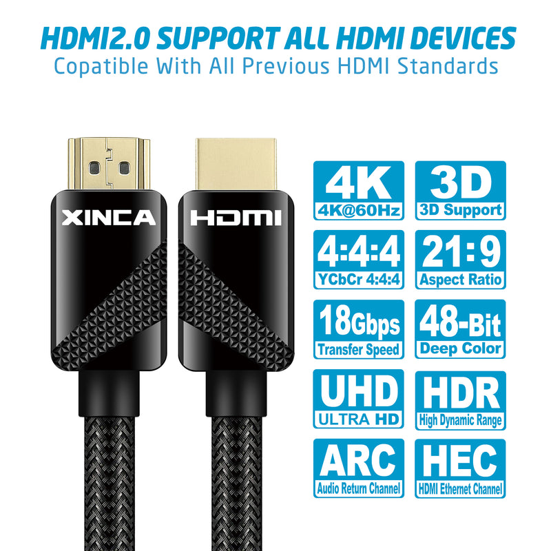 XINCA HDMI Cable 2.0 6Ft Nylon Braided 4K@60Hz HDR 18Gbps 28AWG