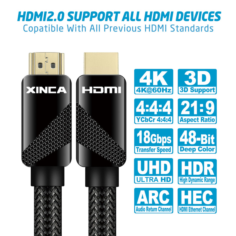 XINCA HDMI Cable 2.0 15Ft Nylon Braided 4K@60Hz HDR 18Gbps 26AWG