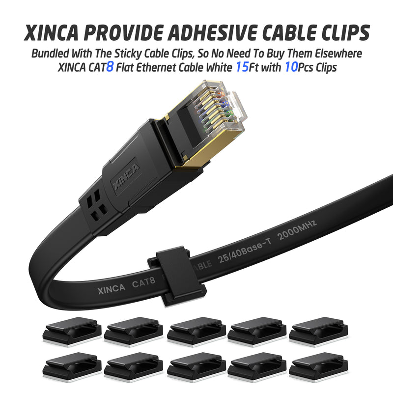 XINCA Cat8 Flat Ethernet Cable 15Ft Black With 10Pcs Clips