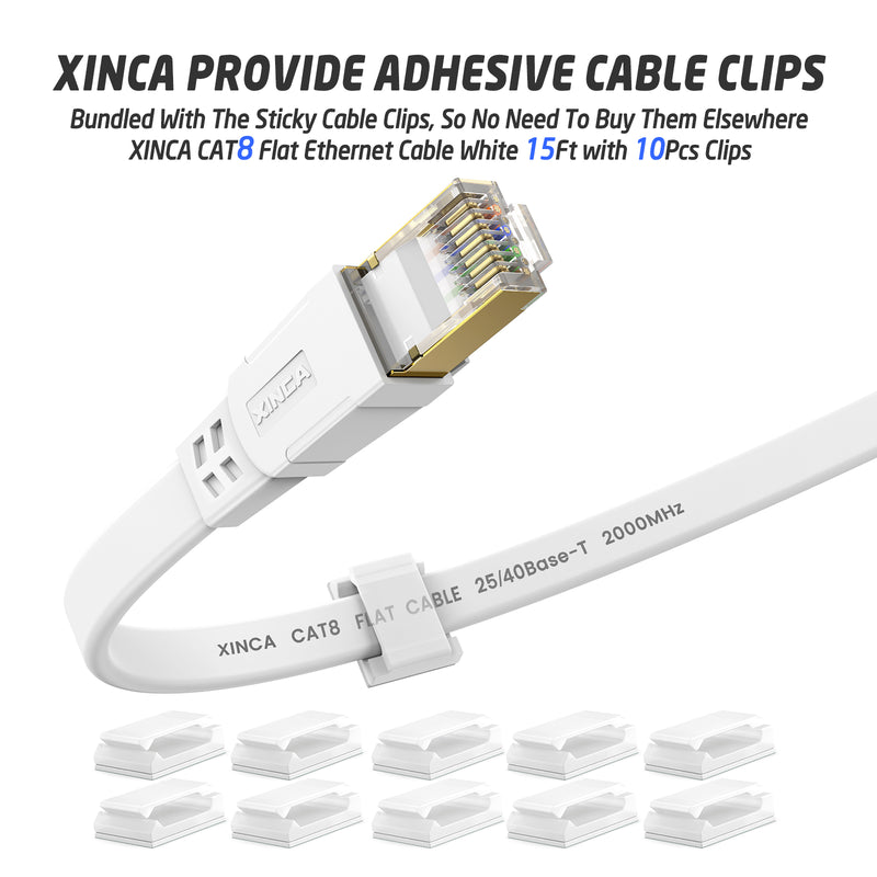 XINCA Cat8 Flat Ethernet Cable 15Ft White With 10Pcs Clips