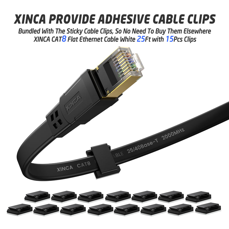 XINCA Cat8 Flat Ethernet Cable 25Ft Black With 15Pcs Clips