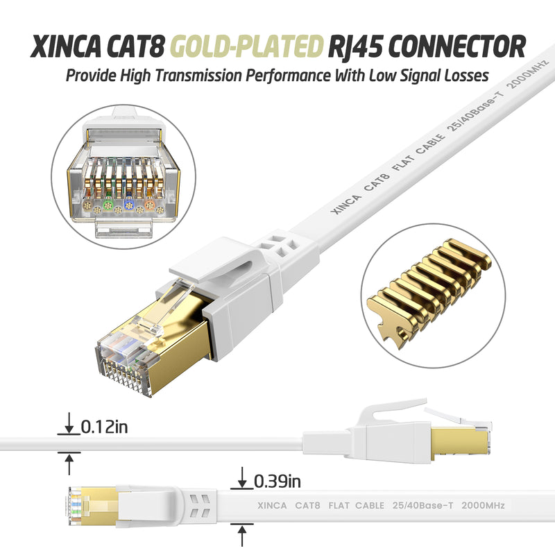 XINCA Cat8 Flat Ethernet Cable 10Ft White With 6Pcs Clips