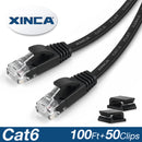 XINCA Cat6 Flat Ethernet Cable 100Ft Black With 50Pcs Clips