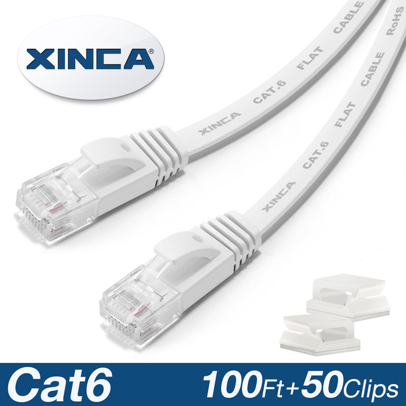XINCA Cat6 Flat Ethernet Cable 100Ft White With 50Pcs Clips