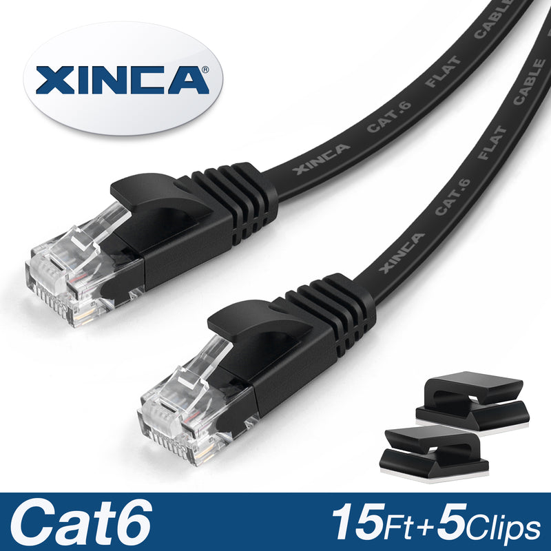 XINCA Cat6 Flat Ethernet Cable 15Ft Black With 5Pcs Clips