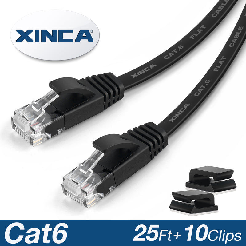XINCA Cat6 Flat Ethernet Cable 25Ft Black With 10Pcs Clips