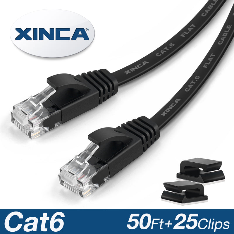 XINCA Cat6 Flat Ethernet Cable 50Ft Black With 25Pcs Clips