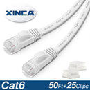 XINCA Cat6 Flat Ethernet Cable 50Ft White With 25Pcs Clips
