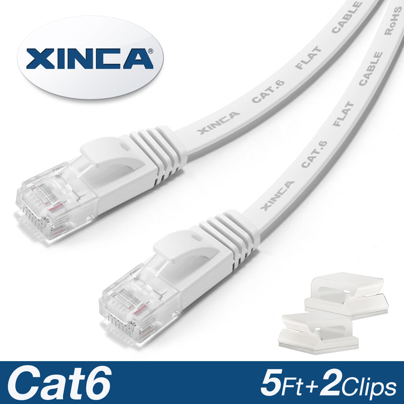 XINCA Cat6 Flat Ethernet Cable 5Ft White With 2Pcs Clips