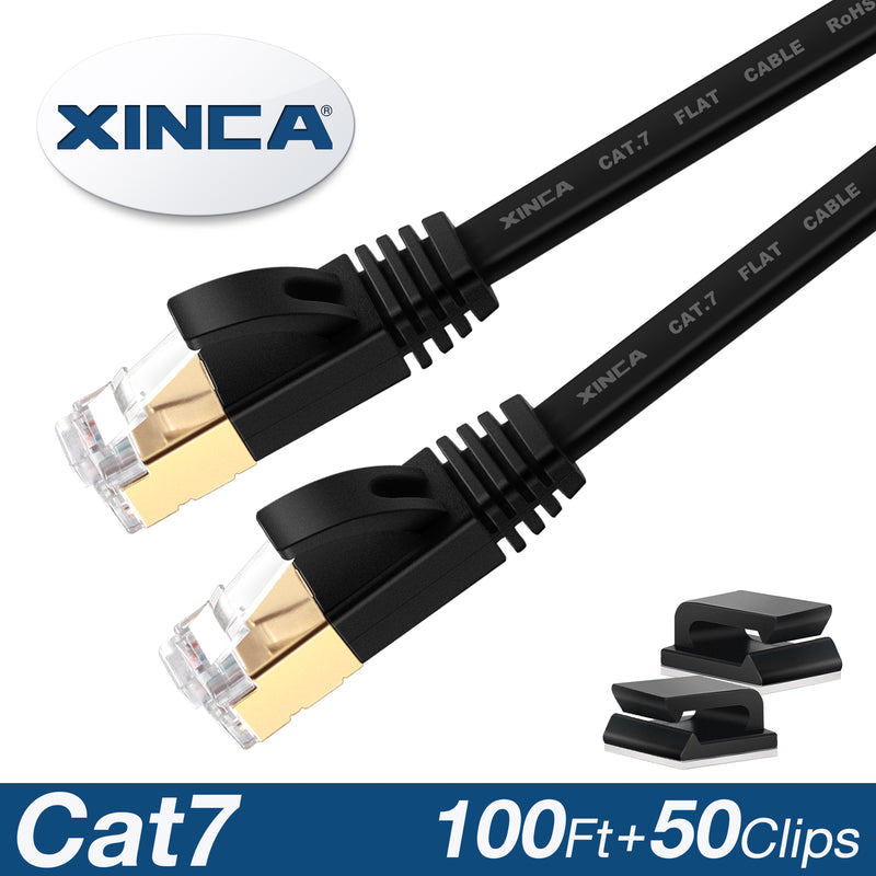 XINCA Cat7 Flat Ethernet Cable 100Ft Black With 50Pcs Clips