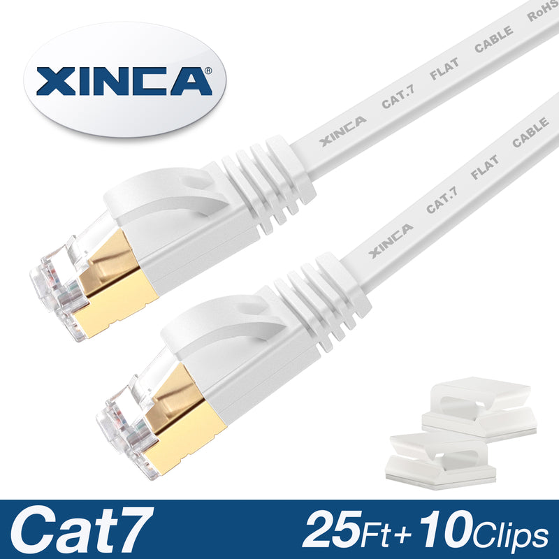 XINCA Cat7 Flat Ethernet Cable 25Ft White With 10Pcs Clips