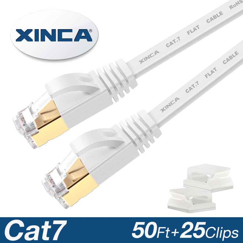 XINCA Cat7 Flat Ethernet Cable 50Ft White With 25Pcs Clips