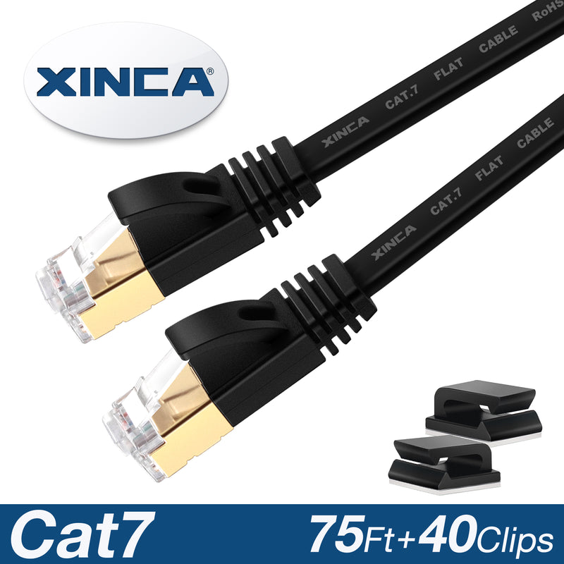 XINCA Cat7 Flat Ethernet Cable 75Ft Black With 40Pcs Clips