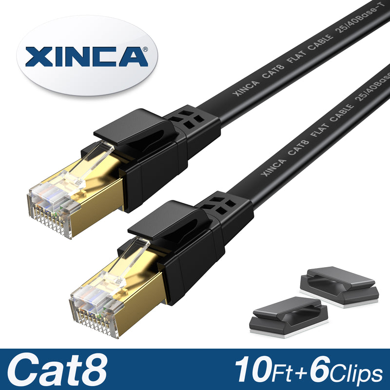 XINCA Cat8 Flat Ethernet Cable 10Ft Black With 6Pcs Clips