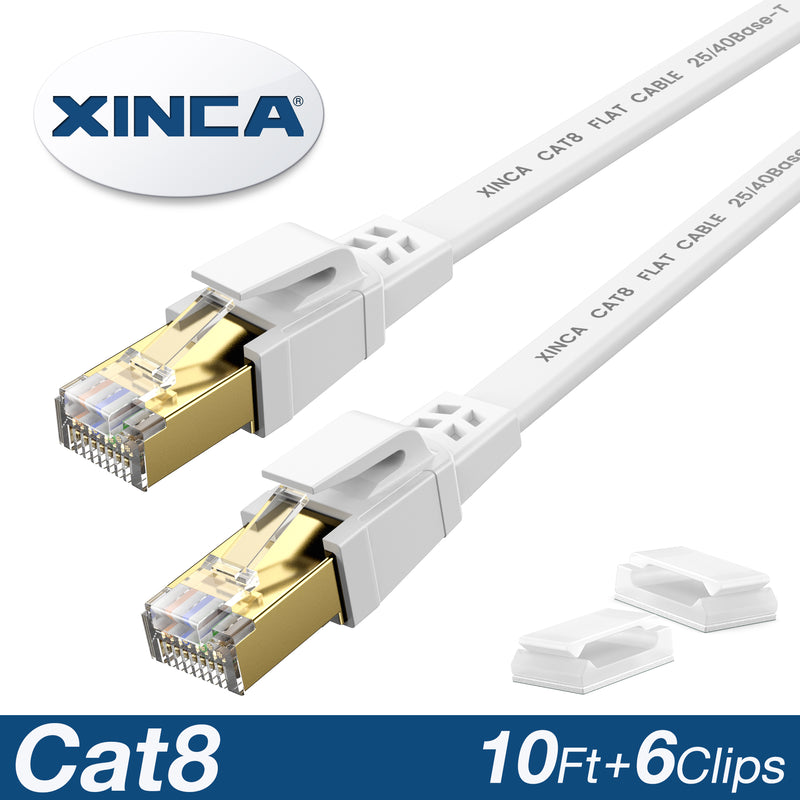 XINCA Cat8 Flat Ethernet Cable 10Ft White With 6Pcs Clips