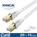 XINCA Cat8 Flat Ethernet Cable 25Ft White With 15Pcs Clips