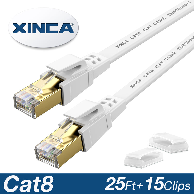 XINCA Cat8 Flat Ethernet Cable 25Ft White With 15Pcs Clips