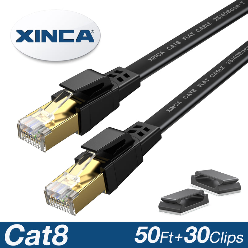 XINCA Cat8 Flat Ethernet Cable 50Ft Black With 30Pcs Clips