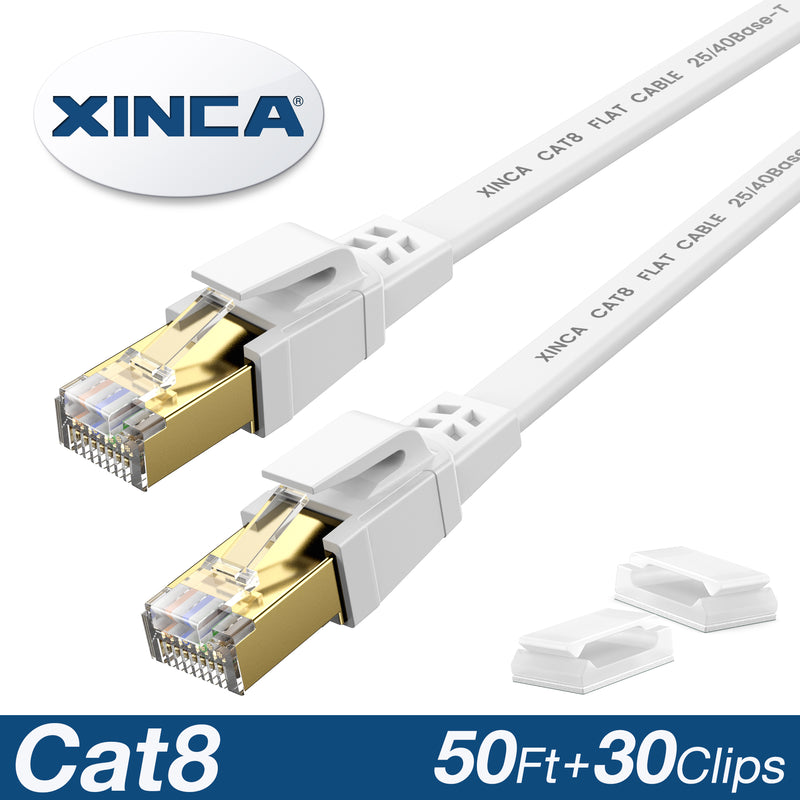 XINCA Cat8 Flat Ethernet Cable 50Ft White With 30Pcs Clips