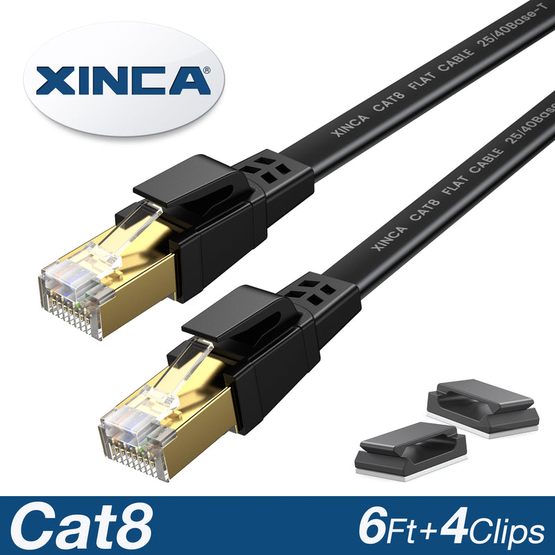 XINCA Cat8 Flat Ethernet Cable 6Ft Black With 4Pcs Clips