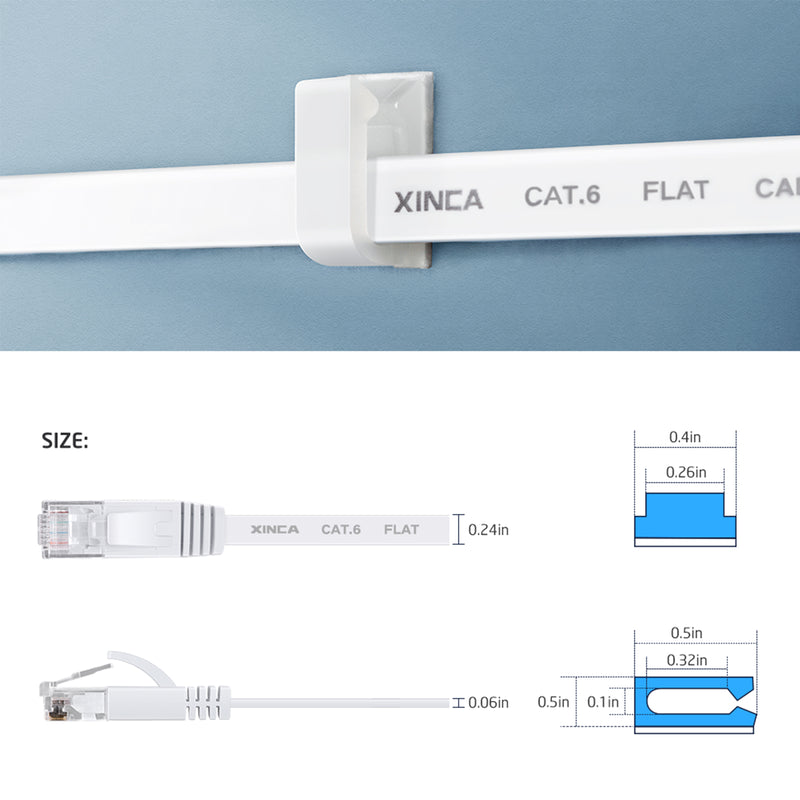 XINCA Cat6 Flat Ethernet Cable 15Ft White With 5Pcs Clips