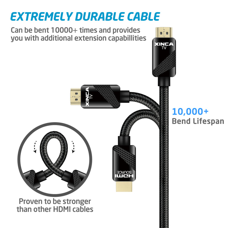 XINCA HDMI Cable 2.0 30Ft Nylon Braided 4K@60Hz HDR 18Gbps 28AWG