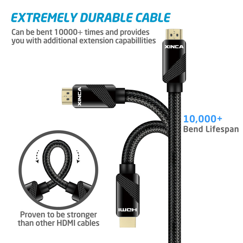 XINCA HDMI Cable 2.0 15Ft Nylon Braided 4K@60Hz HDR 18Gbps 26AWG