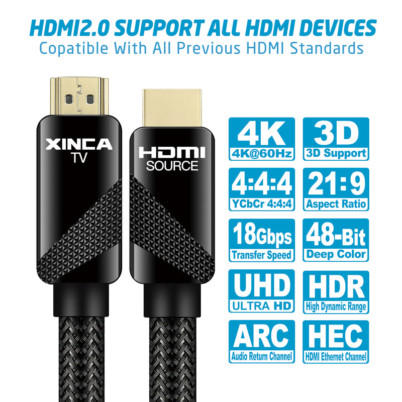 XINCA HDMI Cable 2.0 50Ft Nylon Braided 4K@60Hz HDR 18Gbps 24AWG