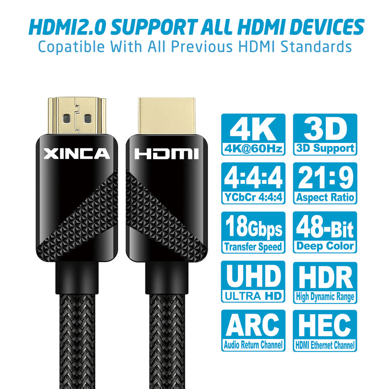 XINCA HDMI Cable 2.0 3Ft Nylon Braided 4K@60Hz HDR 18Gbps 28AWG